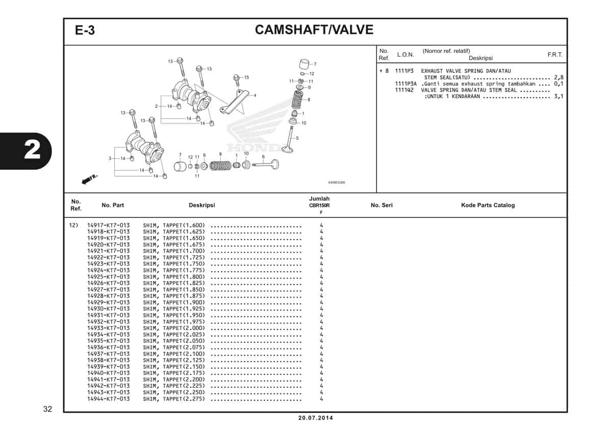 E-3 Camshaft Valve Katalog CBR 150R K45A