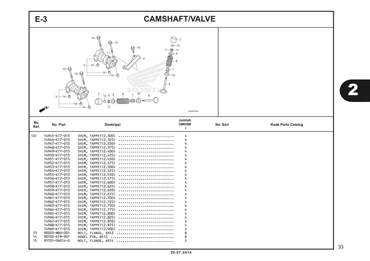 E-3 Camshaft Valve Katalog CBR 150R K45A