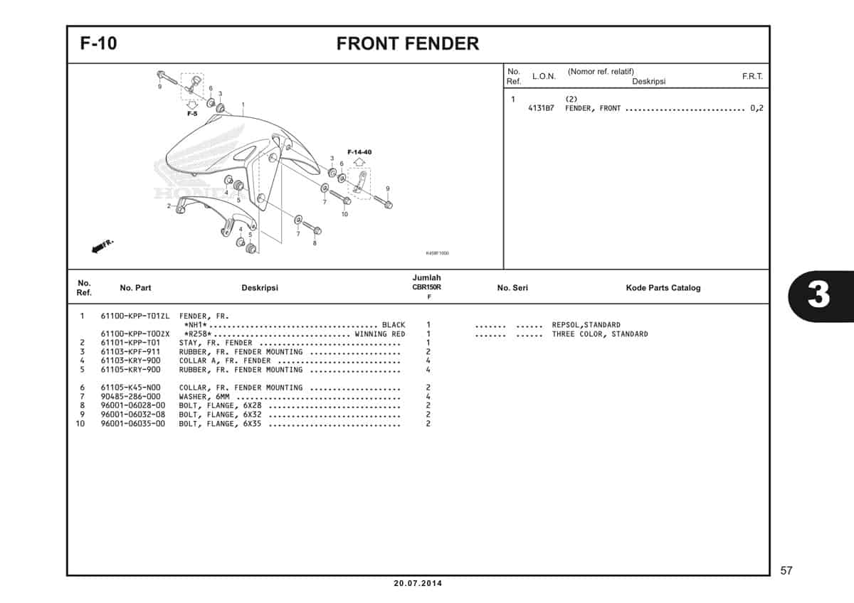 F-10 Front Fender Katalog CBR 150R K45A