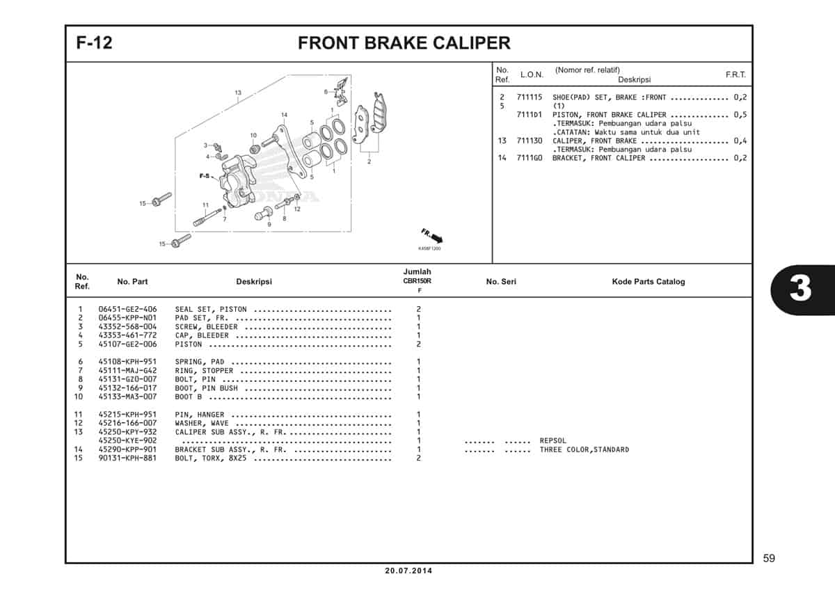 F-12 Front Brake Caliper Katalog CBR 150R K45A