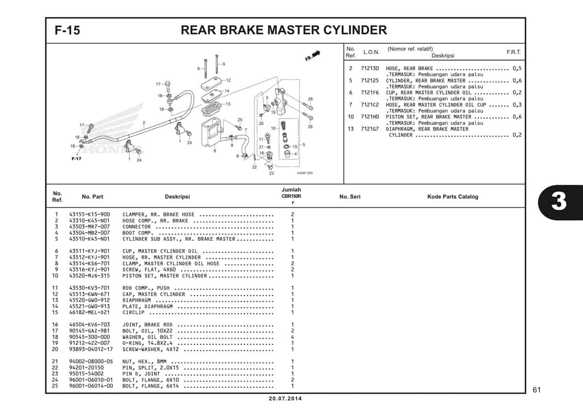 F-15 Rear Brake Master Cylinder Katalog CBR 150R K45A