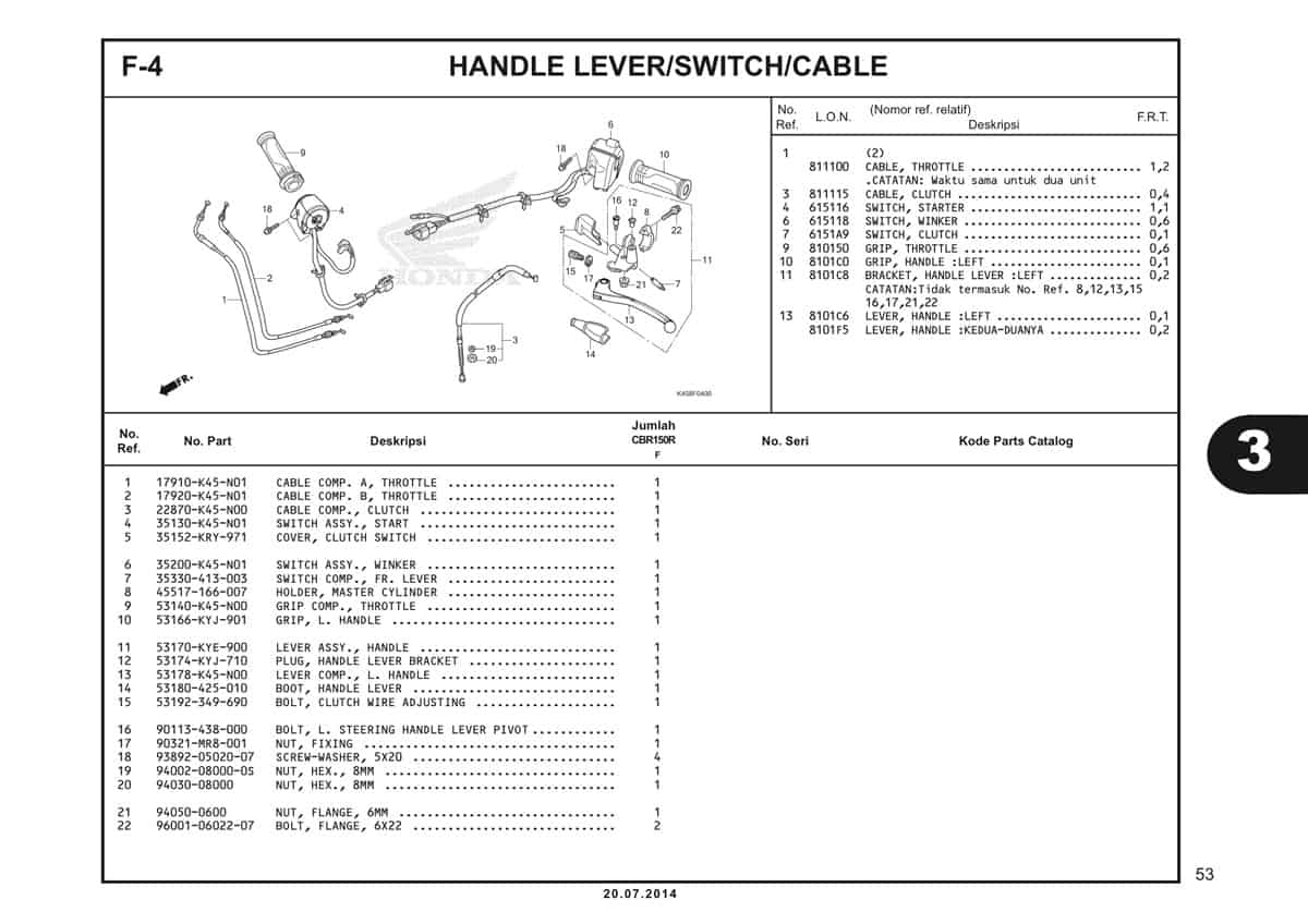 F-4 Handle Lever/Switch/Cable Katalog CBR 150R K45A