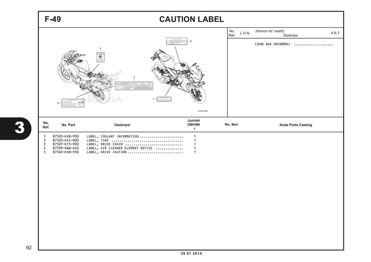 F-49 Caution Label Katalog CBR 150R K45A