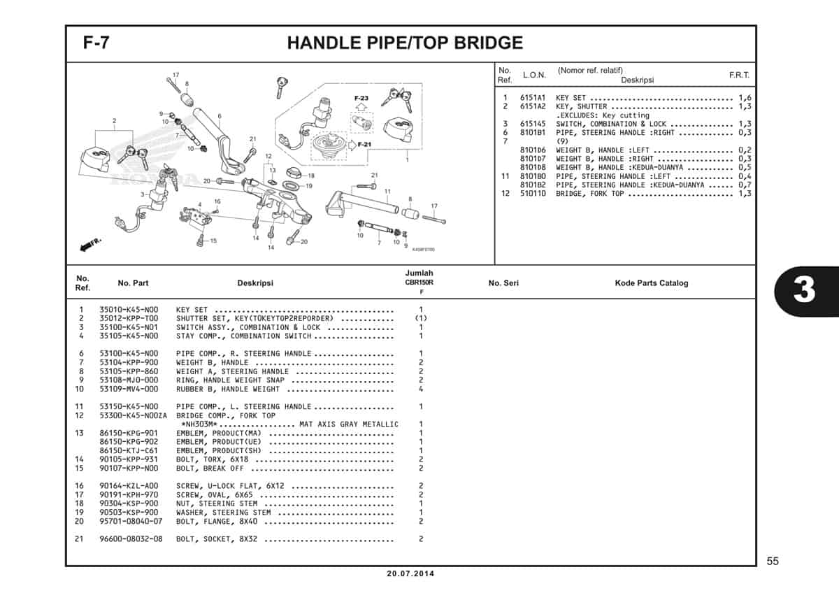 F-7 Handle Pipe/Top Bridge Katalog CBR 150R K45A