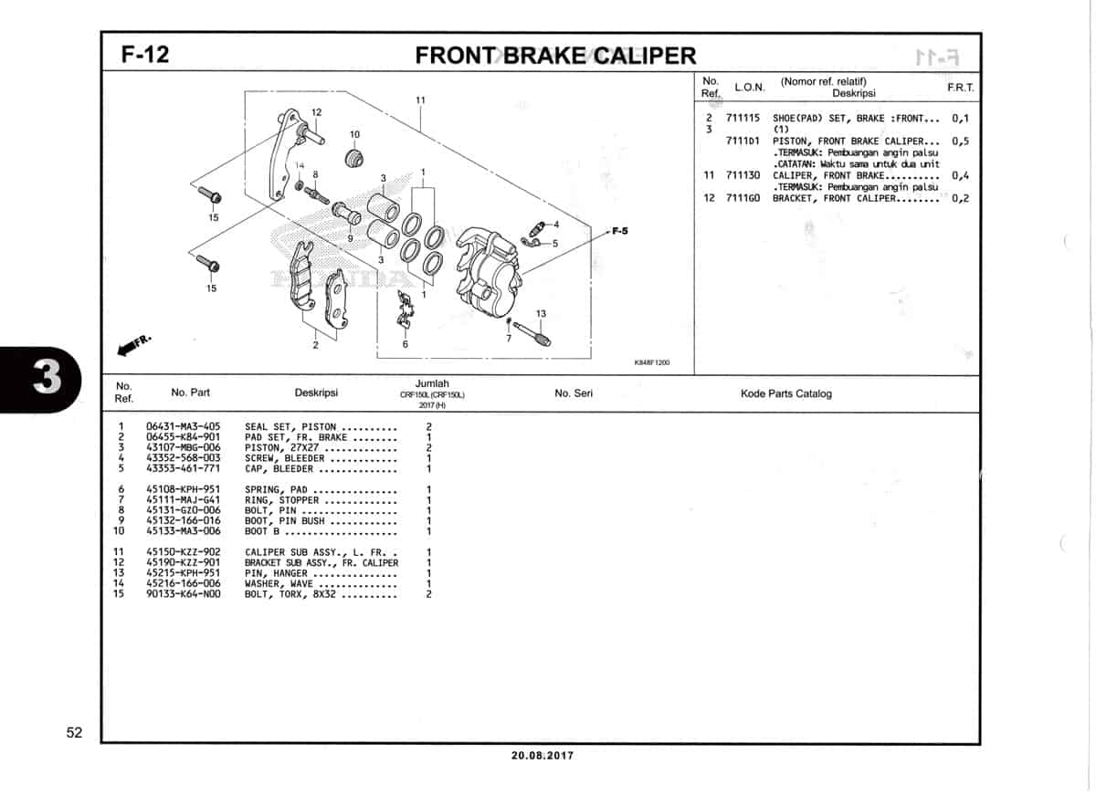 F12-Caliper Rem-Depan-Katalog-Honda-Crf-150L