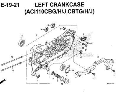 E19-21 – Left Crankcase (ACI110CBG/H/J,CBTG/H/J) – Katalog Honda New Vario 110