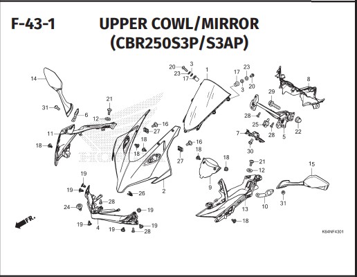 F-43-1 Upper Cowl Mirror – Katalog Honda CBR 250RR K64N