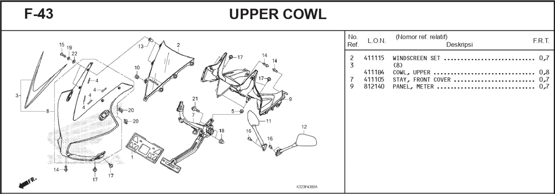 F-43 Upper Cowl – Katalog Suku Cadang Honda CBR 250R CBU