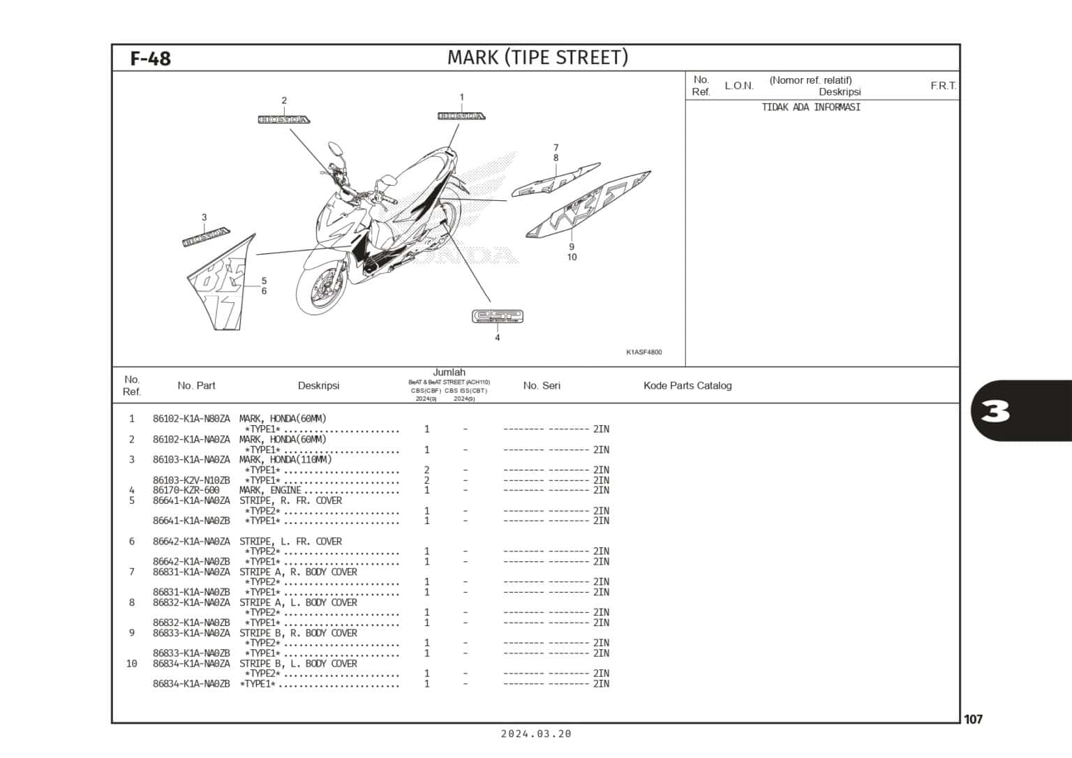 F48 Mark Katalog Suku Cadang Honda New BeAT Street K1AL Harga