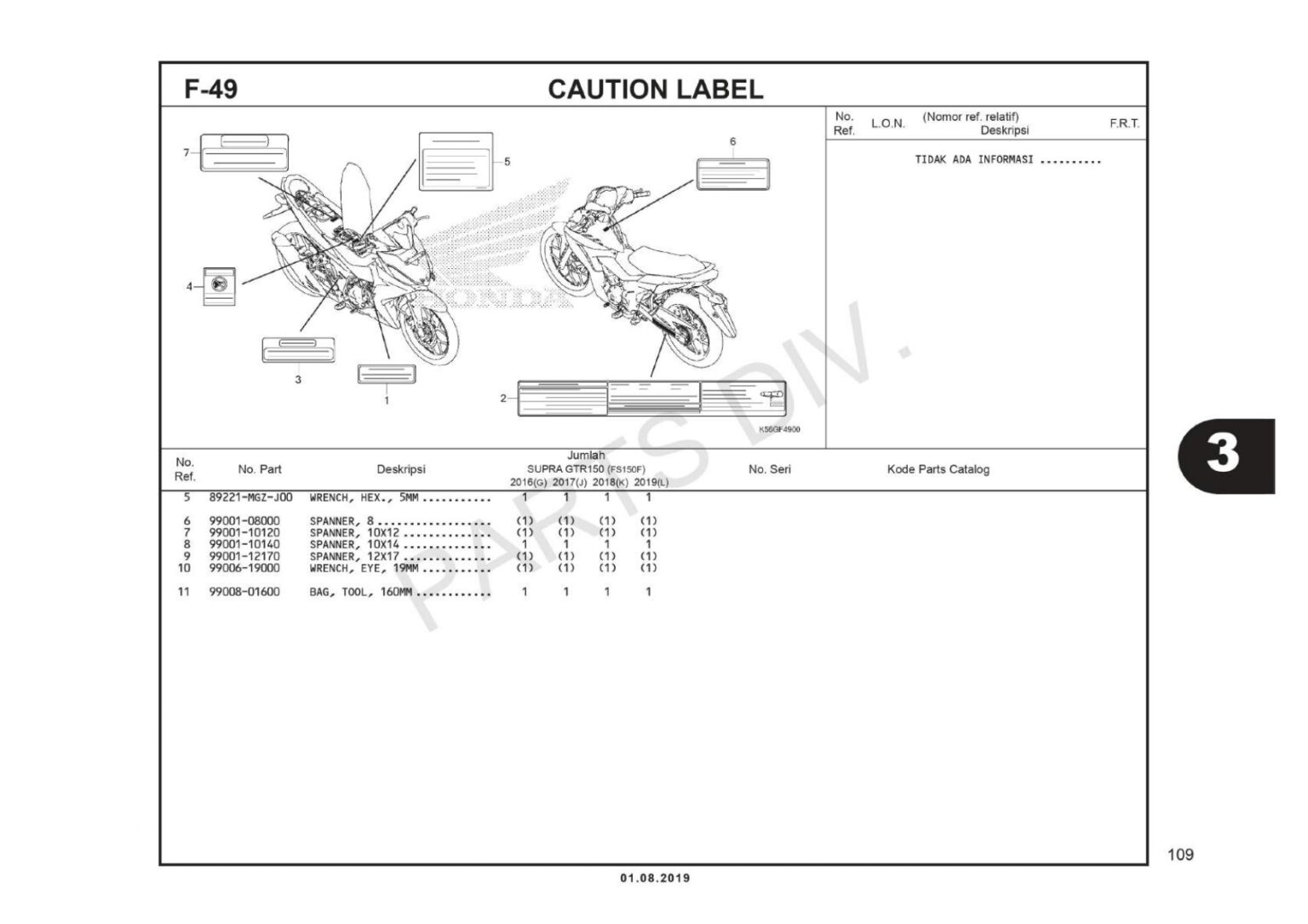 F-49 Caution Label - Katalog Honda Supra GTR 150 K56W - Harga Kredit ...